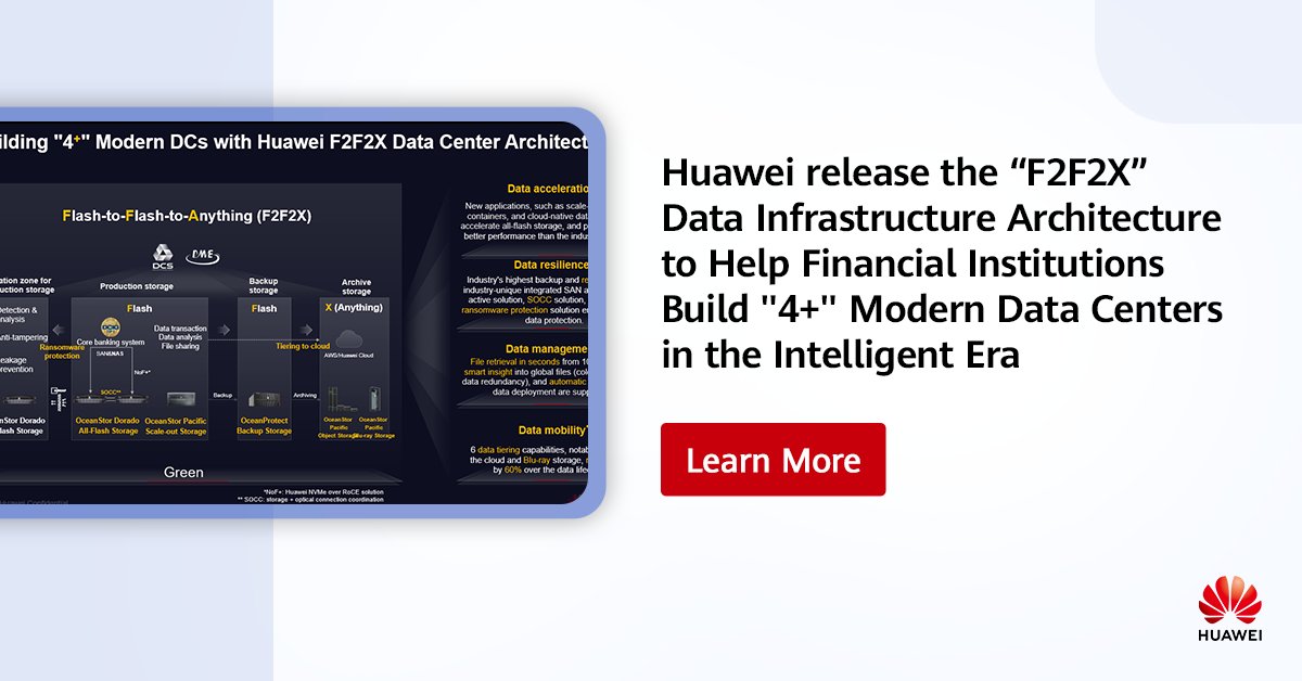 HuaweiEnt's tweet photo. Huawei unveiled Flash-to-Flash-to-Everything (#F2F2X) at the #HiFS event, aiming to accelerate processing, enhance resilience, enable mobility, and simplify datacenter infrastructure management for the FSI. See the details: https://t.co/bu95c9dAks https://t.co/6JNARHtv8d