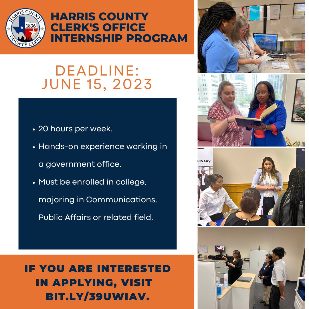 harriscotxclerk's tweet photo. ⌛ Only two days left! Don't miss out on the chance to kick-start your career in public service with our #HCCOInternship. Gain valuable hands-on experience that will shape your future. Apply now at https://t.co/zxVk3u5ISY and seize this incredible opportunity! #hccointernship https://t.co/Q8Qo2A7Wzb