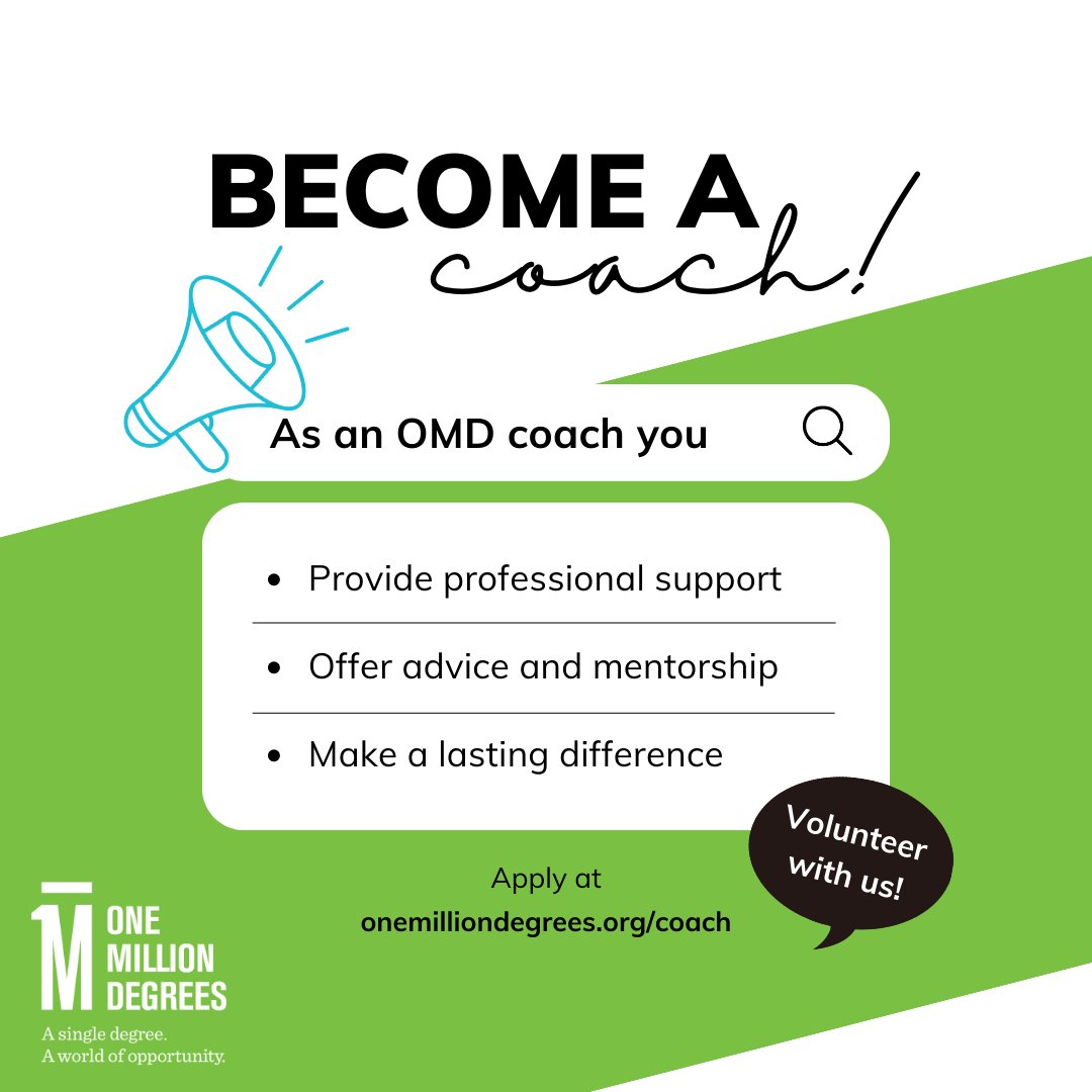 One Million Degrees (@1milliondegrees) on Twitter photo Coaches are a critical part of One Million Degrees scholar success. As a coach, you provide essential support and guidance that scholars need to succeed. Just a few hours a month makes a profound difference in your community.
Apply now at onemilliondegrees.tfaforms.net/296649 Coaches are a critical part of One Million Degrees scholar success. As a coach, you provide essential support and guidance that scholars need to succeed. Just a few hours a month makes a profound difference in your community.
Apply now at onemilliondegrees.tfaforms.net/296649