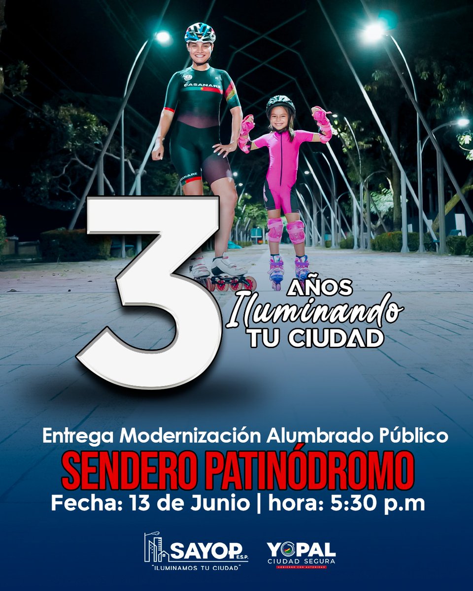 Prensalibcasan's tweet photo. #3AñosDeResultados con SAYOP SAS ESP. Han sido 1.095 días que #Sayop le entrega obras a #Yopal, pasando del 20% al 95% en iluminación LED. #Hoy la Empresa de Servicio de Alumbrado Público celebra sus 3 años con la entrega de un sendero del Patinódromo iluminado y transformado. https://t.co/yToreTbMB4