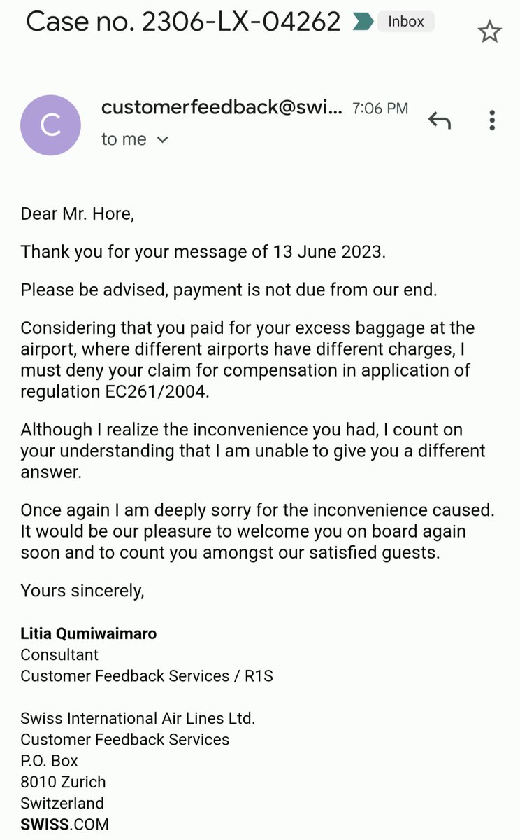 sudiphore's tweet photo. @FlySWISS I got a reply which I cannot make any sense of. Can you get this case to the right department and issue me a refund asap? Attaching the response. https://t.co/lgvFcQxXyp