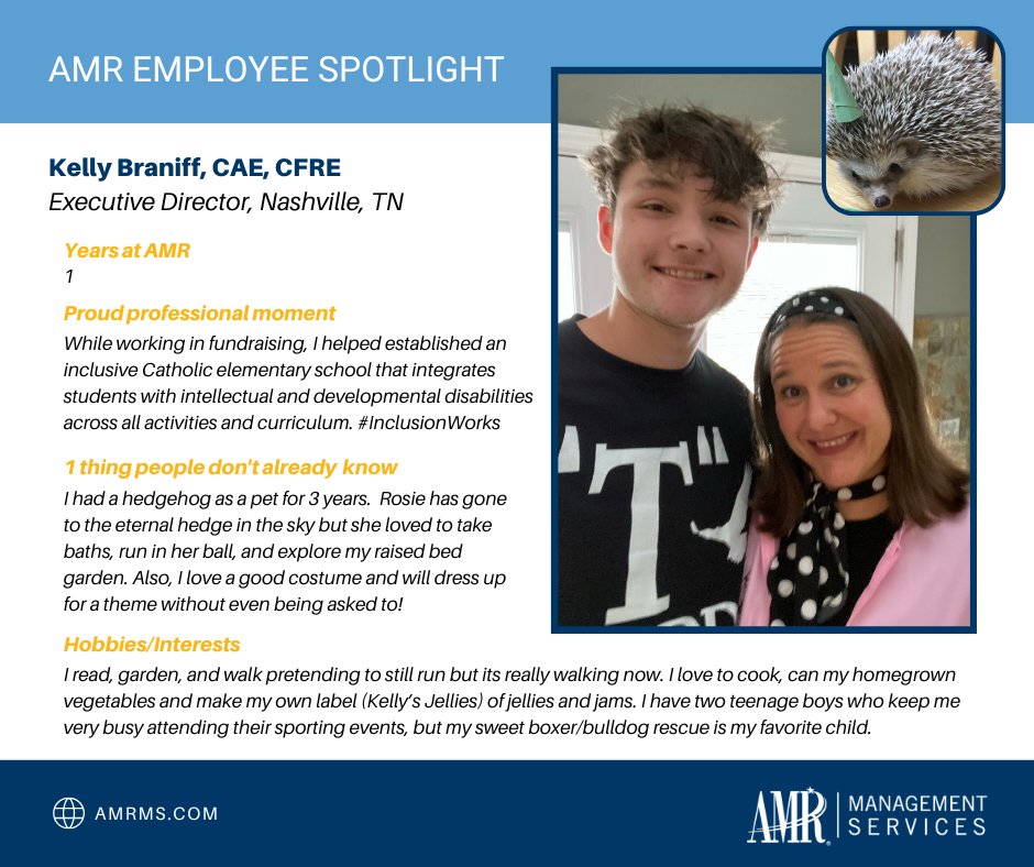 AMRMS's tweet photo. Get to know the AMR team on #terrificteamtuesdays! This week we spotlight Kelly Braniff, CAE, CFRE. Kelly is the Executive Director for the Association of Women Surgeons and Association of Women Surgeons Foundation. #AMRMS # #team #teamwork #AWS #AWSF https://t.co/Mxwt5PLPLy