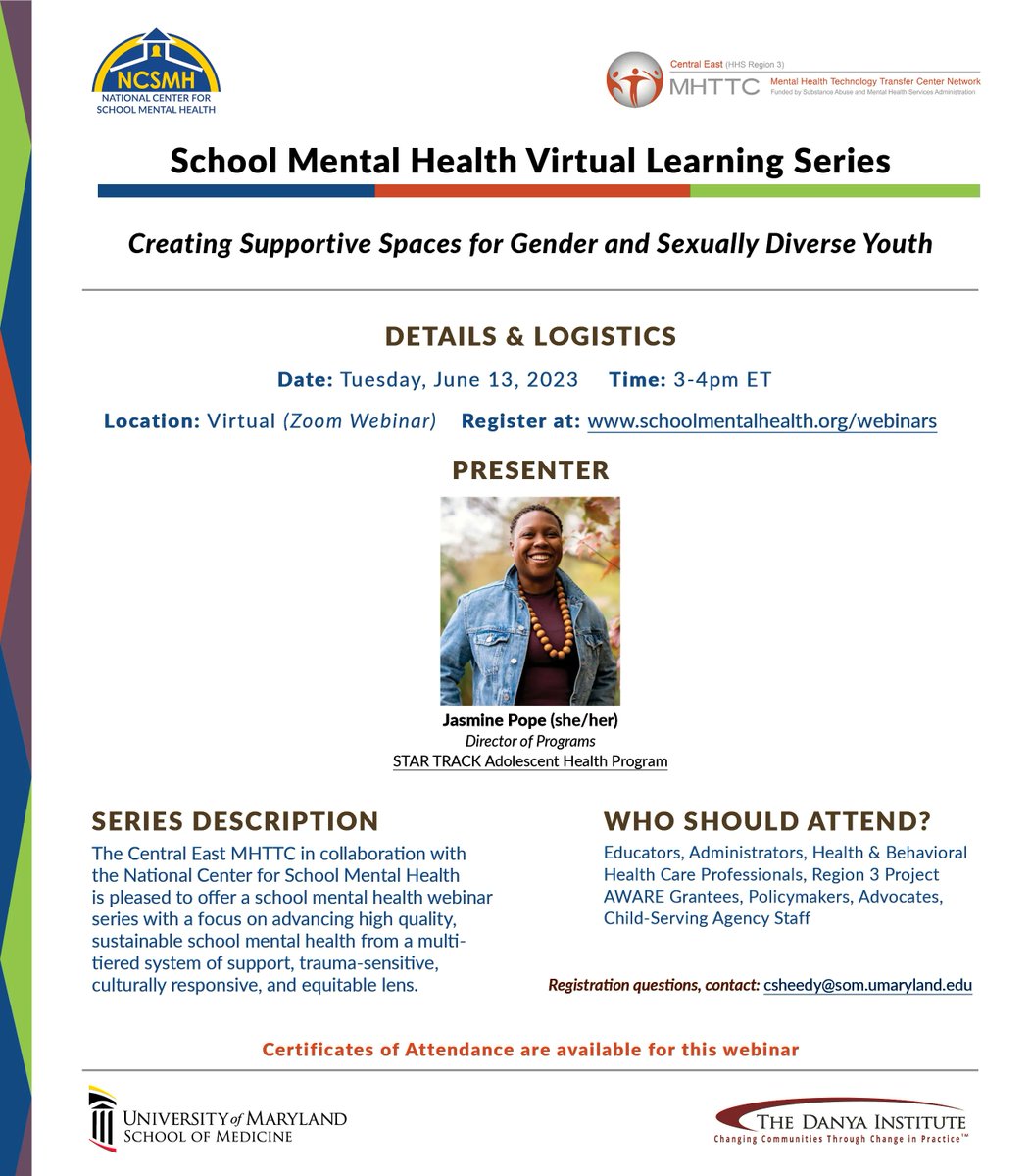 Join us today for Creating Supportive Spaces for Gender- and Sexually-Diverse Youth, with Jasmine Pope! This free webinar is 3-4pm ET and part of the #SchoolMentalHealth Virtual Learning Series. #Pride buff.ly/3NeOKi0
