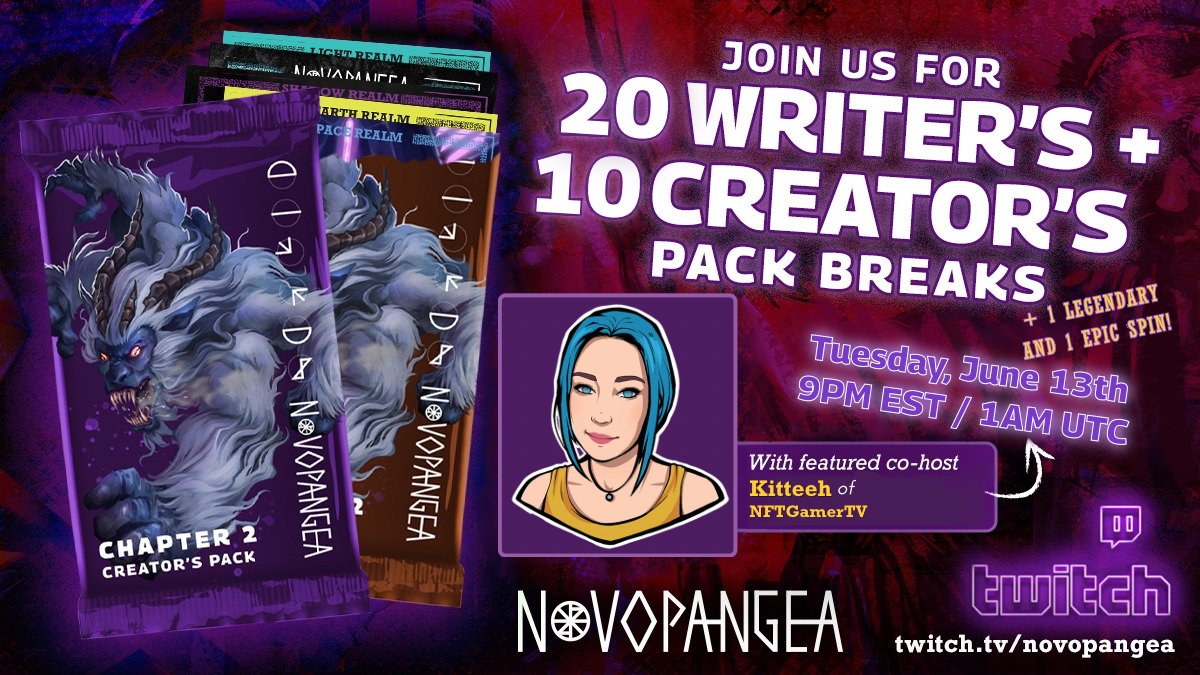 Novopangeaio's tweet image. Join us TONIGHT for another EPIC / LEGENDARY Pack Break! Tonight we have @kitteeh69 from @nftgamertv hanging out and ripping packs! Don't miss it!

twitch.tv/novopangea

#nftgame #packbreak #packbreaks #nft #play2earn #playtoearn