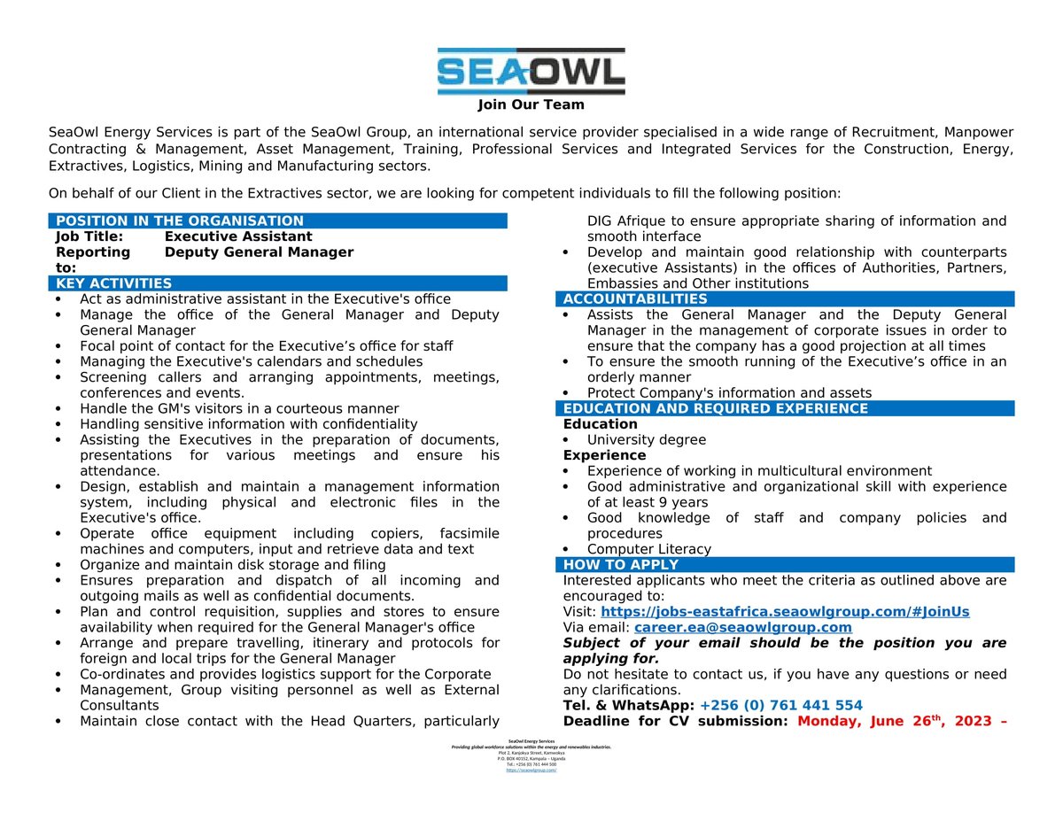 #JobOpportunity
#Hiring@SeaowlU
#UgandaOil
Find all these and more details at jobs-eastafrica.seaowlgroup.com/#JoinUs
Deadline: Monday, June 26th, 2023