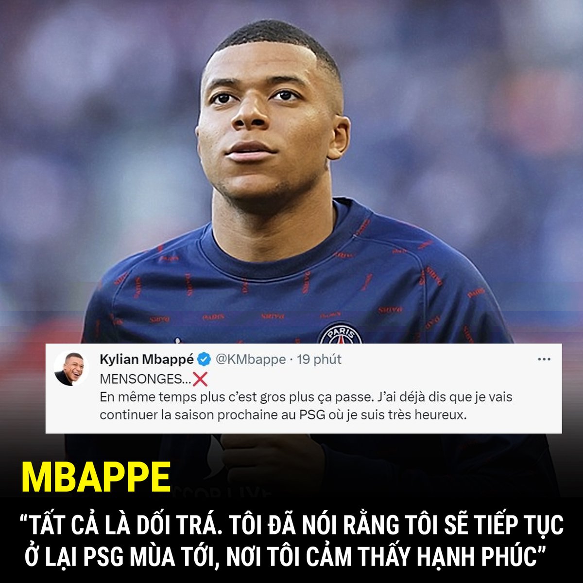 cointrading86's tweet photo. Trên trang cá nhân, Mbappe khẳng định sẽ ở lại PSG mùa giải tiếp theo.

#mbappe
#psg https://t.co/EcGCpK4gJm