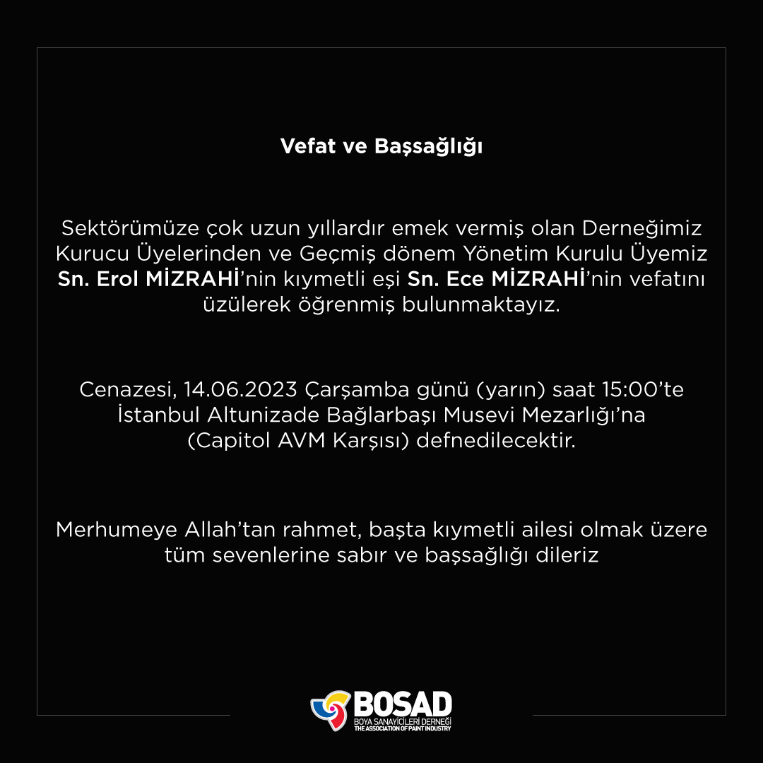 bosad_tr's tweet photo. Sn. Erol MİZRAHİ’nin kıymetli eşi Sn. Ece MİZRAHİ’nin vefatını üzülerek öğrenmiş bulunmaktayız. Cenazesi, 14.06.2023 yarın saat 15:00’te İstanbul Altunizade Bağlarbaşı Musevi Mezarlığı’na defnedilecektir. 

Merhumeye Allah’tan rahmet, tüm sevenlerine sabır ve başsağlığı dileriz. https://t.co/wwkHkbM66H