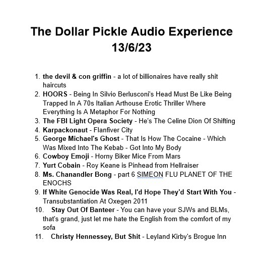 DollarPickle's tweet photo. Shoutout to all you lucky people who listened into today's show over on @DublinDigiRadio. If you missed it, it's available over at the DDR Mixcloud now. Here is the tracklist for you to see if there's anything there to pique your interest. https://t.co/WIrCNcxW0M