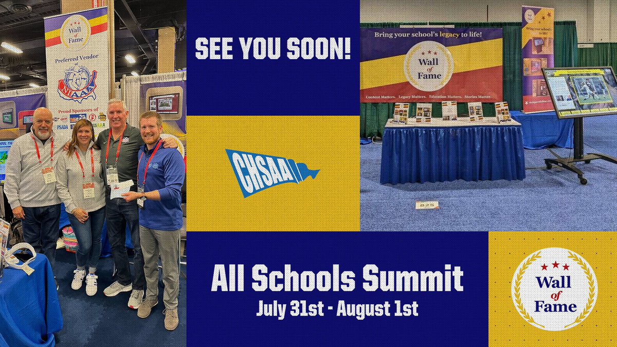 WallOfFameVS's tweet photo. ✈📍We’ll be in Denver, CO at the @CHSAA All Schools Summit July 31st - Aug 1st! If you’re in attendance, stop by and say Hi 👋 and learn why you should bring your School’s Legacy to Life with our #WallofFame! Hope to see you soon! #LegacytoLife #Contentmatters #EdTech https://t.co/91PiBxAh8V