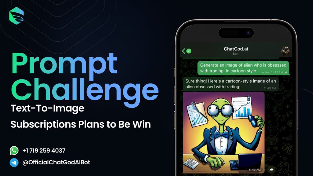 Chatgodai's tweet photo. 🤖📣 ChatGod announces the Prompt #Challenge:

• Theme: Alien who is obsessed with trading;

• Tool: Text-to-Image Feature from #ChatGod - https://t.co/LbaRYNRkW0;

• Prize: 1 God\ 1 Premium\1 Freemium Yearly Subscription Plans | 660$ worth;

Rules &amp; Terms are in comments 👇 https://t.co/U2o3oYEe2v
