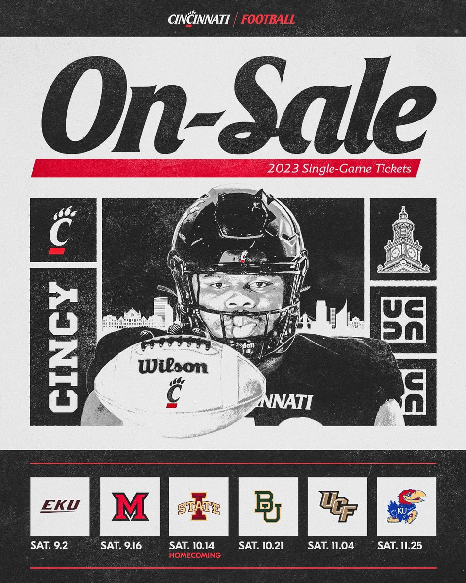 GoBEARCATS's tweet photo. Nippert Stadium awaits. 2023 @GoBearcatsFB single game tickets are on sale NOW! 🏟️

Note: Single game tickets for 9/23 vs Oklahoma are not available at this time. Pending availability, single game tickets for the game will go on sale at a later date.

🎟️: https://t.co/gl5BPOiNEi https://t.co/MPmobWKCCt