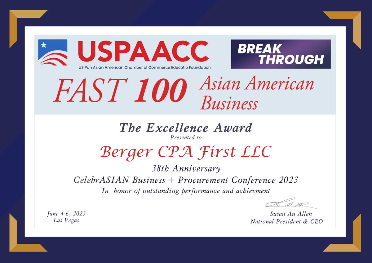 We are pleased to announce that BergerCPA has been honored with the prestigious First Fast 100 Asian American Business Award! 

#bergercpafirst #cpa #accountingfirm #Fast100 #USPAACC #AsianAmericanBusiness #Entrepreneurship #BusinessExcellence