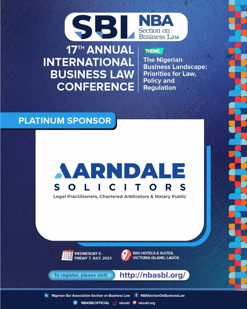 SPONSORS APPRECIATION!🏅

To our esteemed Platinum Sponsor of the 17th Annual Int'l #BusinessLaw Conference, Aarndale Solicitors, we say thank you for always standing by our side all through the years.

Your support is highly appreciated.🙏🏽

#NBASBL2023 #NBASBL #SBLConference2023