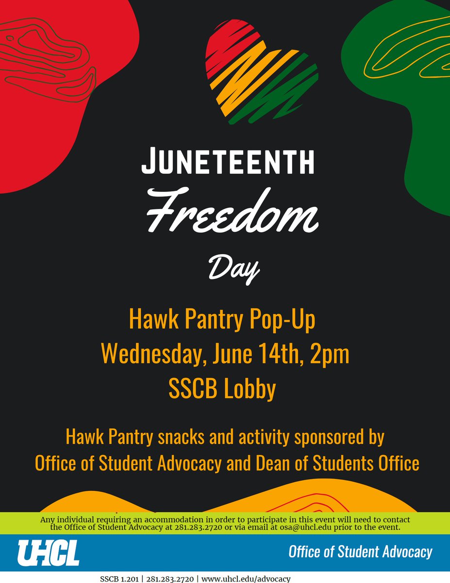 UHCLOSA's tweet photo. Stop by the SSCB Lobby tomorrow at 2 pm for our Juneteenth celebration. Enjoy some Juneteenth snacks and activities with OSA, DOS, and Hawk Pantry!

#Juneteenth #uhclosa #uhcldos #uhclhawkpantry https://t.co/KIjkgbW09D