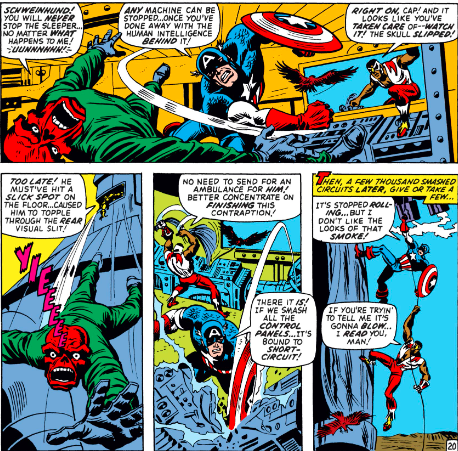 MarvelADay's tweet photo. #MarvelADay #Cap148 Falcon arrives just in time to see Cap dispatch Red Skull. The two then team up to destroy as much machinery as they can in order to stop the Sleeper. - VA https://t.co/SCrOEylXAH