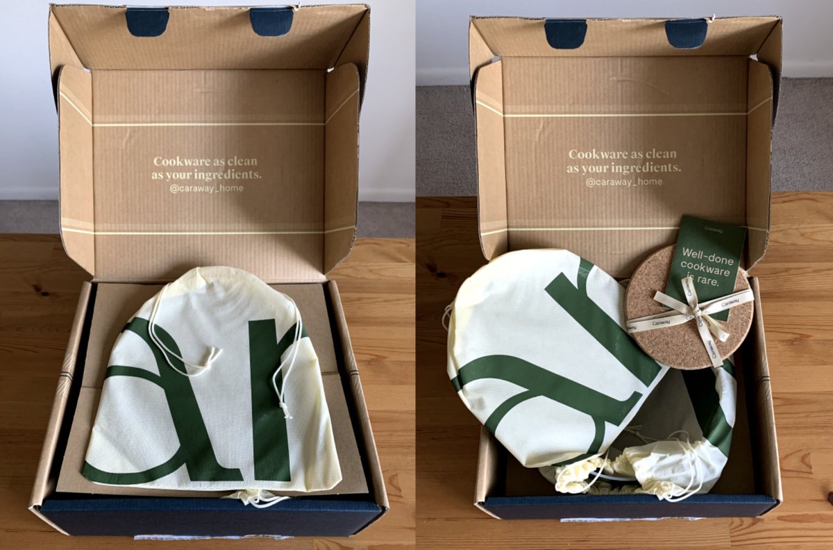 Caraway products are shipped in a branded, recycled cardboard package. Individual product pieces are held in cloth bags for long-term protection. 

Pieces are nested in place within the package with secure, yet minimal custom cardboard pieces for protection.