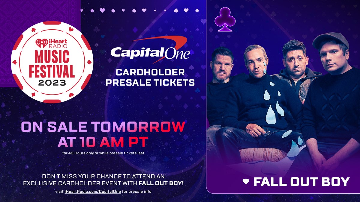 TOMORROW! 🚨 @CapitalOne Cardholders can buy their tickets to our 2023 #iHeartFestival before anyone else! 

Don't miss your chance to attend an exclusive cardholder event with @falloutboy! 😍

All info: iHeartRadio.com/CapitalOne