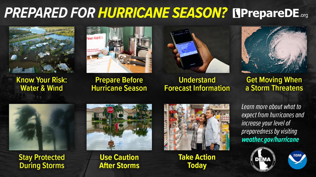 DelawareEMA's tweet photo. #Preparedness is key for #hurricaneseason in #netDE. Visit https://t.co/O8rTca42S4 for resources you need to make a plan, build a kit, and stay informed. Get timely weather updates from trusted sources or mobile apps. Find your evacuation zone: https://t.co/pIaacYOStc. #preparede https://t.co/R9ueLFMbAD
