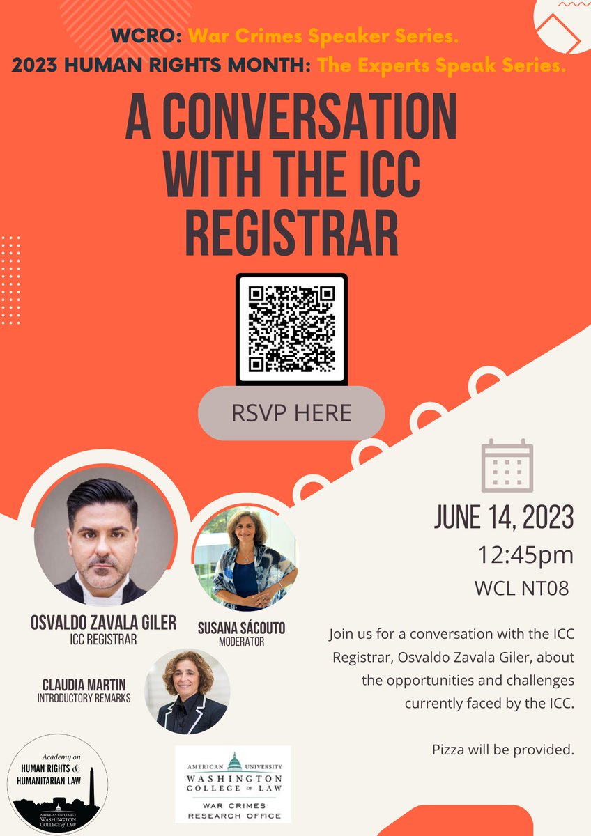 We are excited to host ICC Registrar Osvaldo Zavala Giler as part of the WCRO War Crimes Speaker Series and the Academy's 2023 Human Rights Month: The Experts Speak Series. Join us on Wednesday June 14, 2023 at 12:45pm in Room NT08. Register here: forms.gle/DSu84oT8aNz1kK…