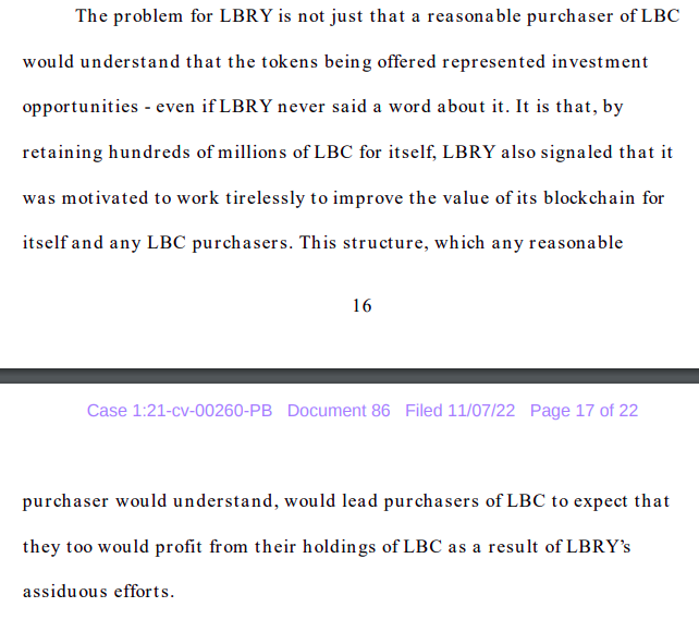 LBRYcom's tweet image. In SEC vs LBRY, SEC successfully argued that holdings alone, even absent ANY public statements, make token sales a security (see quote from ruling).  

Meanwhile, the SEC's Office of General Counsel said privately this factor was legally irrelevant.

🤡🌎