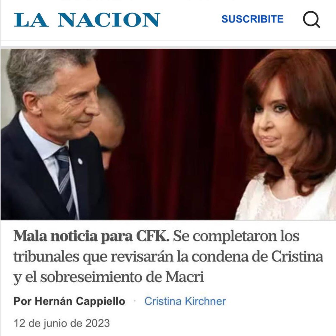 CFKArgentina's tweet image. Anoche, en el portal de La Nación, leí este título: 

“Mala noticia para CFK. Se completaron los tribunales que revisarán la condena de Cristina y el sobreseimiento de Macri. Diego Barroetaveña intervendrá en el caso Vialidad y Mariano Borinsky analizará el caso del espionaje…