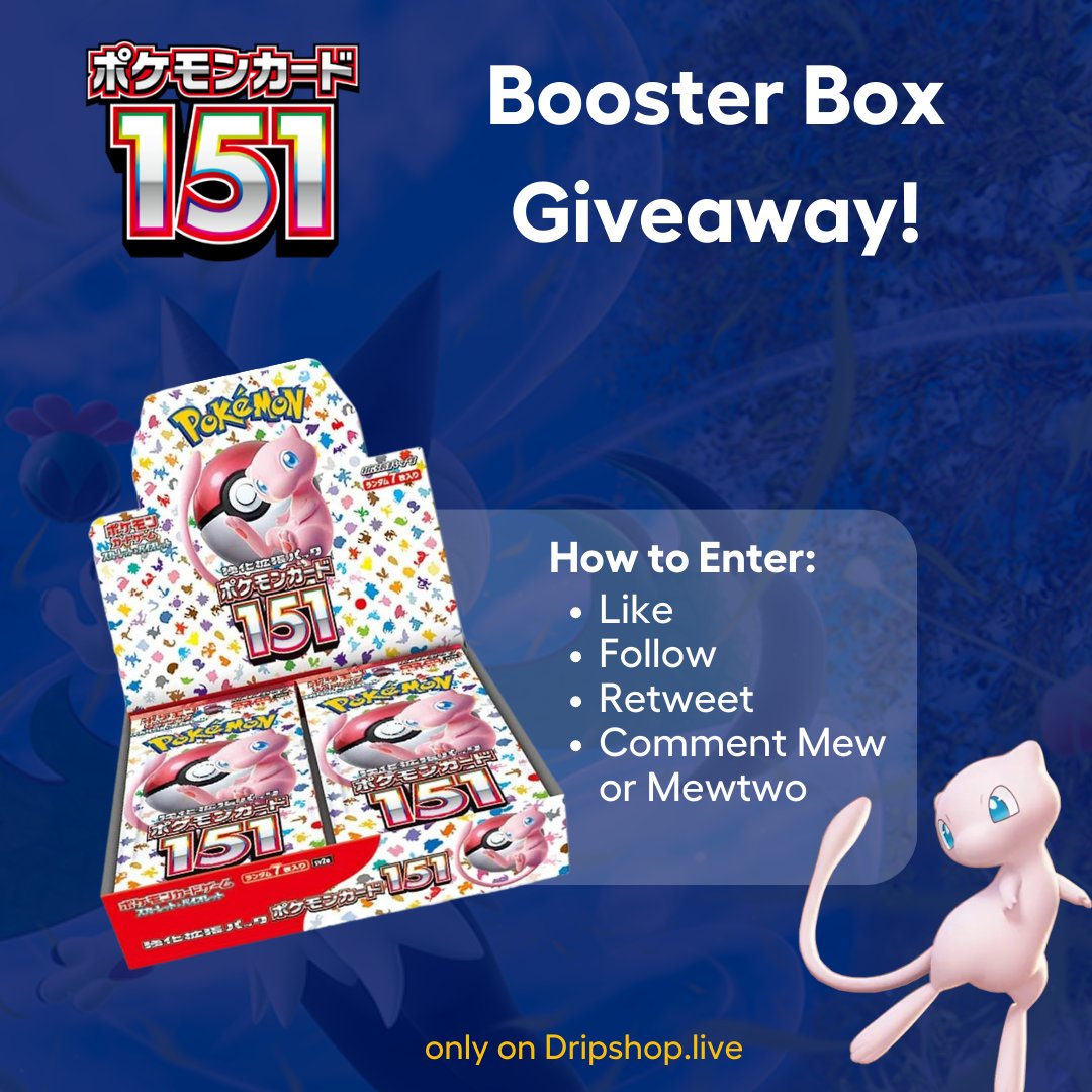 Giveaway Alert! 📣
We're giving away a Booster Box of 151!

To enter, just follow these steps:

💙Like this post 
✅Follow us
🐦Retweet
Comment Mew or Mewtwo!
We will be announcing the winner this Friday 6/16.
 #Pokemon