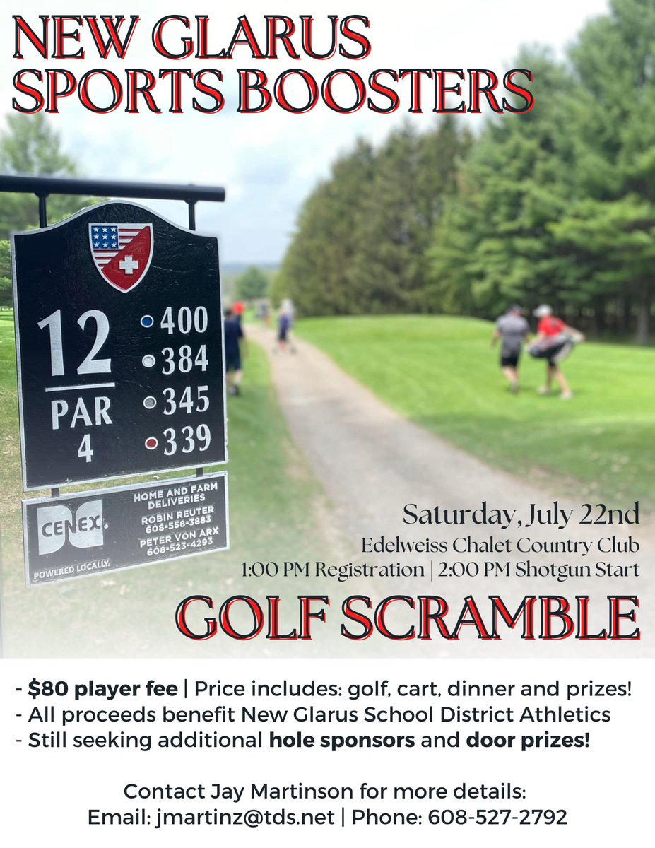 The New Glarus Sports Boosters are hosting their annual Golf Scramble once again this summer!  Sign-up by contacting Jay Martinson at jmartinz@tds.net or 608-527-2792.  

All proceeds benefit New Glarus School District Athletics! #knightpride