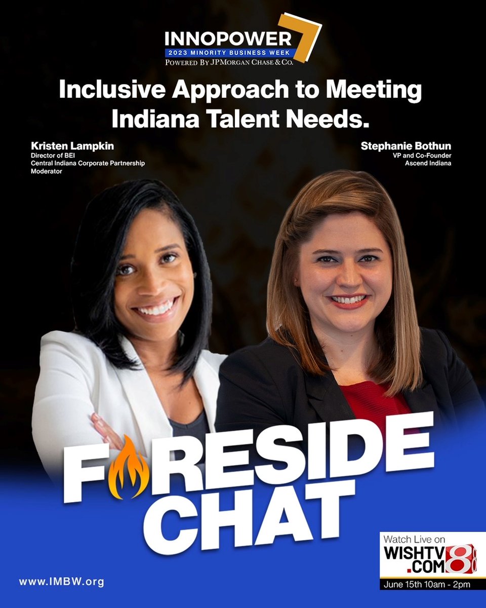 REMINDER: It’s the 2023 InnoPower Minority Business Week. Join our Co-founder @stephbot6 and @BizEquityIndy Dir. @kristenlampkin as they lead a discussion on the inclusive approach to meeting Indiana’s talent needs. WATCH: Thurs. June 15 from 10 AM - 2 PM on @WISH_TV.com.