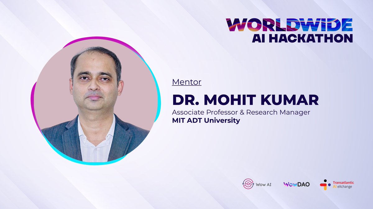 WowDAOAI's tweet photo. 📣 Meet Dr. Mohit Kumar, MIT ADT University's Associate Professor &amp; Research Manager. Published in top journals, reviewer, and patent holder. Mentoring Ph.D. students and consulting in gov. projects. Congrats to mentor Dr. Kumar! 
👉 Join AI Hackathon: https://t.co/UYxfDMbRd4 https://t.co/Dc7rwab9aw