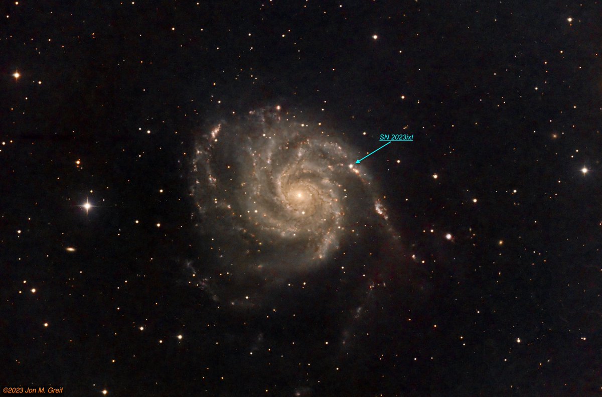 My image of the recently discovered Supernova in galaxy M101, from 100 minutes of LRGB data obtained remotely via the iTelescope.net facility near St. George, Utah, Monday, early AM.