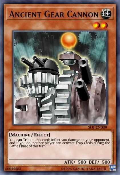 Ancient Gear Cannon You can Tribute this card; inflict 500 damage to your opponent, and if you do, neither player can activate Trap Cards during the Battle Phase of this turn.