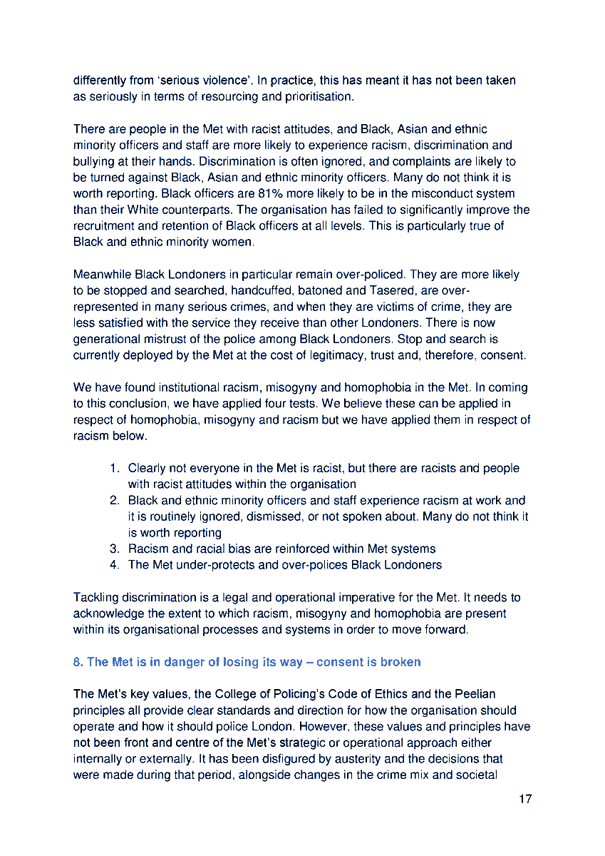 "Tackling discrimination is a legal and operational imperative for the Met ... to acknowledge the extent to which racism, misogyny and homophobia are present in its organisational processes and systems" #CaseyReview #accountability <a href="/MetPoliceUK/">Metropolitan Police</a>
bit.ly/casey-review-2…