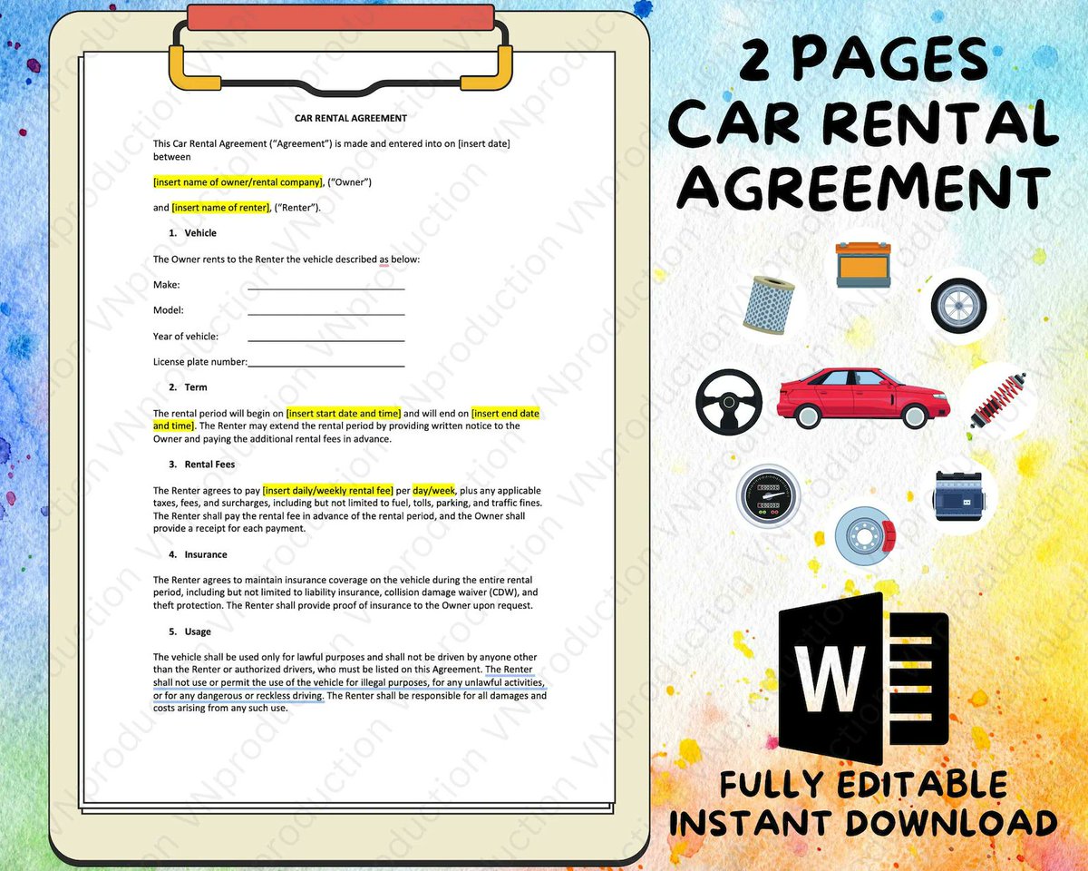 EtsyLawyer's tweet image. Protect yourself and your vehicle with a Car Rental Agreement. 

🚗 This legal document outlines the terms and conditions of the rental. 

📝 Minimize misunderstandings and disputes between the owner and renter. 😊 

etsy.com/listing/139609… 

#CarRental #LegalDocuments