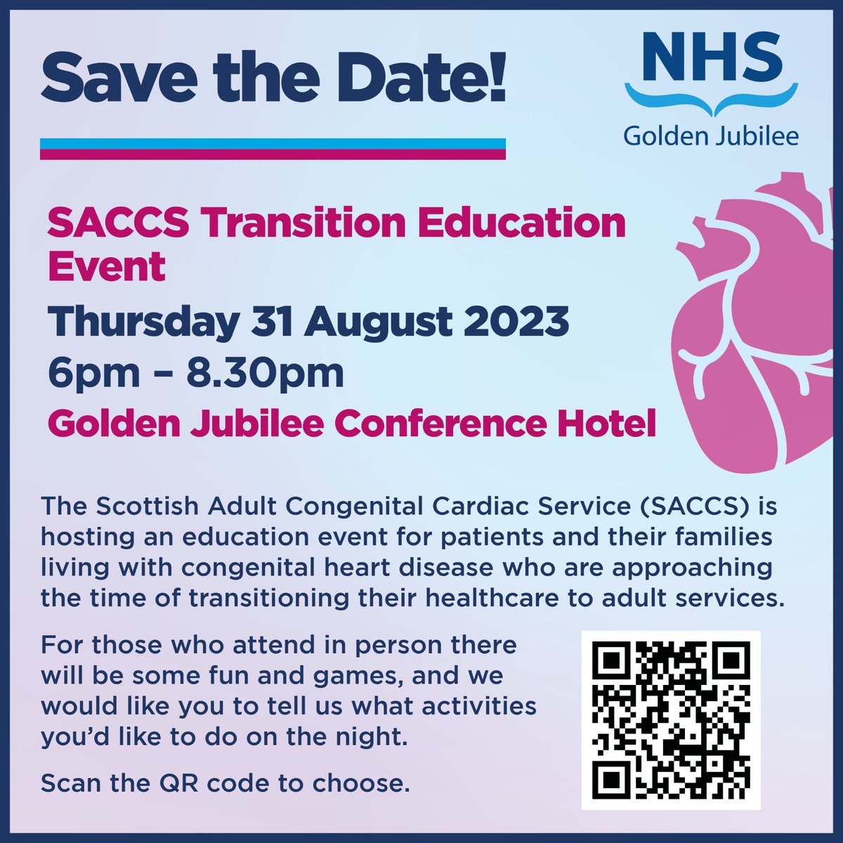 RHCGlasgow's tweet photo. 📢Save the Date📢

Do you have a child with congenital heart disease who is 15 &amp; over who want to know more about transitioning from paediatric to adult cardiac service?

Find out more by emailing: Cardiac Nurse specialist Claire:
 CardiacSpecialist.NursesPaeds@ggc.scot.nhs.uk https://t.co/nJTyBJjpUp