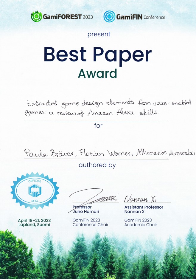 warfair's tweet image. I am humbled that we (@PaulaBruer2  &amp;amp; Florian Werner) won the best paper award for “Extracting Game  Design Elements from Voice-Enabled Games: A Review of Amazon Alexa  Skills” at the GamiFIN 2023 conference hosted by the @GamificationGG! lnkd.in/eU_4e_ki #gamification