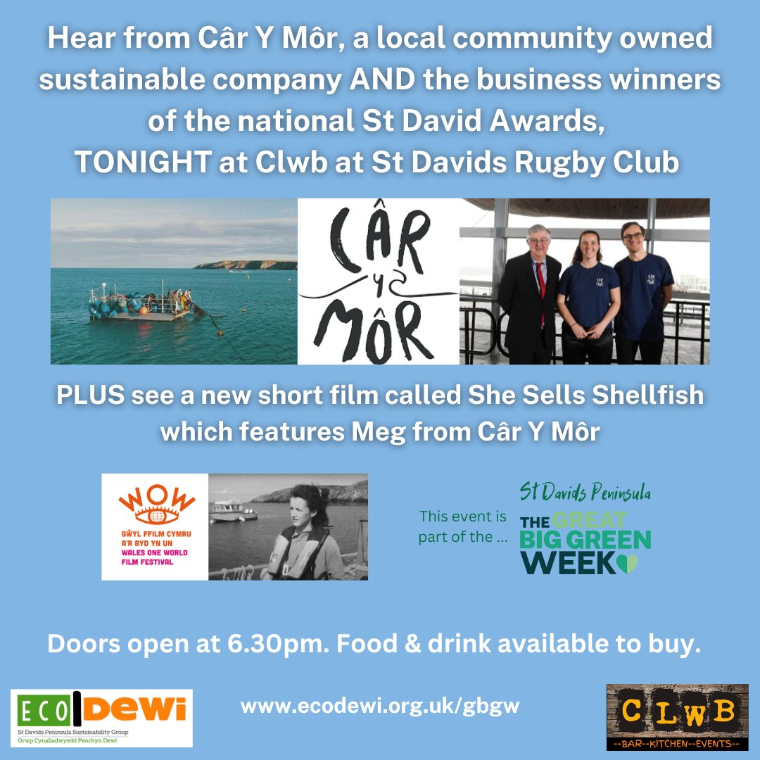 EcoDewiGroup's tweet photo. TONIGHT - talks & networking, a short film & even a dog demo! All at Clwb in the St Davids Rugby Club, as part of the #stdavidspeninsula #GreatBigGreenWeek. Come & say hello, hear some great talks & meet some brilliant people who care about nature๐#gbgw #stdavids #pembrokeshire https://t.co/680vFDeWlk