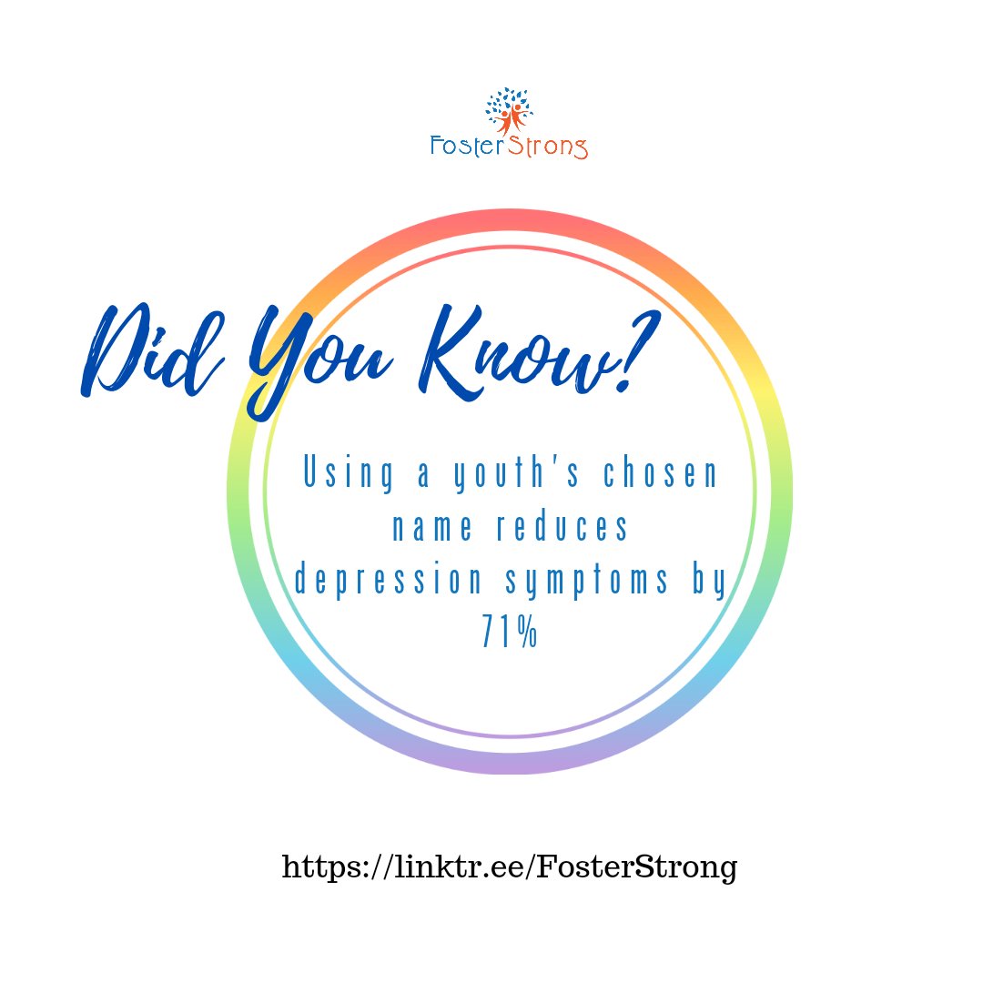 ℹ️ Did You Know... Using a youth's chosen name reduces depression symptoms by 71%

#pridemonth #pride #proudally #community #love #inclusion #equality #mentalhealth #depression #traumainformed #fostercare #FosterStrong