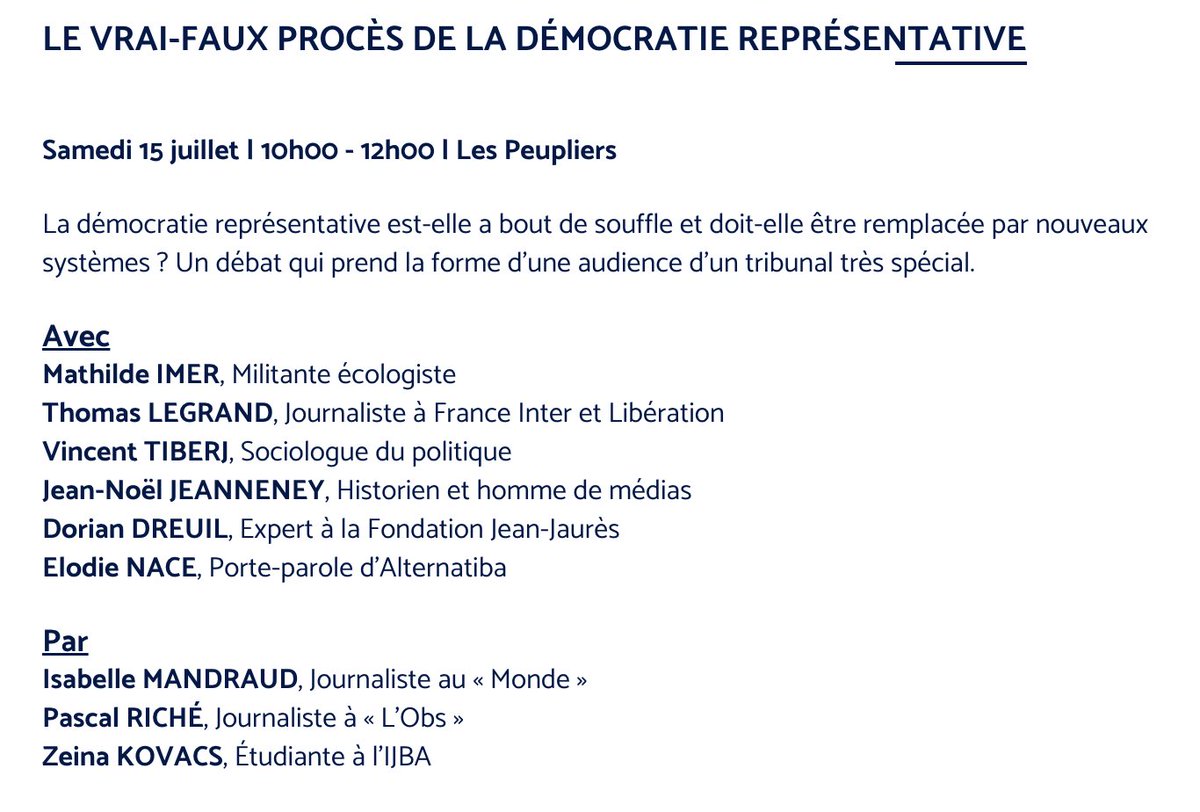 🗓️📣Le 15 juillet, le <a href="/FestJournalisme/">Festival international de journalisme</a> vous propose le vrai-faux procès de la démocratie représentative ! 

Très honoré d’intervenir aux côtés dezs excellents <a href="/MathildeImer/">Mathilde Imer</a> <a href="/lofejoma/">thomas legrand</a> @VTiberj Jean-Noël JEANNENEY &amp; <a href="/ElodieNace/">Elodie Nace</a> !

Par <a href="/pascalriche/">pascalriche.bsky.social 🔆</a> <a href="/mandraud/">Mandraud Isabelle</a> <a href="/ZeinaKovacs/">Zeina Kovacs</a>