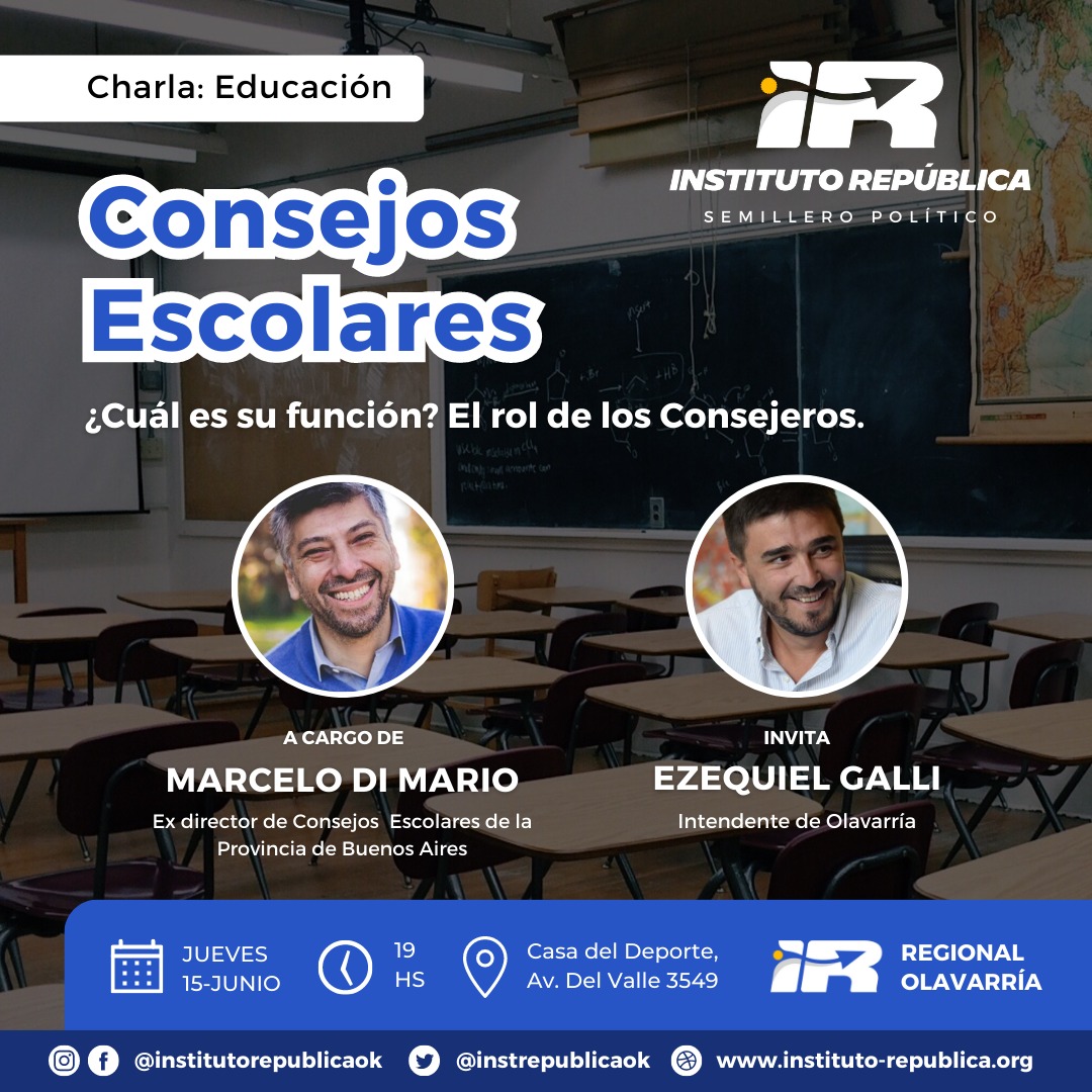 Martinendere's tweet photo. Este jueves los esperamos con una nueva charla del @institutorepublica sobre los desafíos de gestionar la educación en la Provincia y el rol de los Consejeros Escolares con @marcelodimario. Invita @ezequielgalli 👇 https://t.co/tB8VFhjzkO