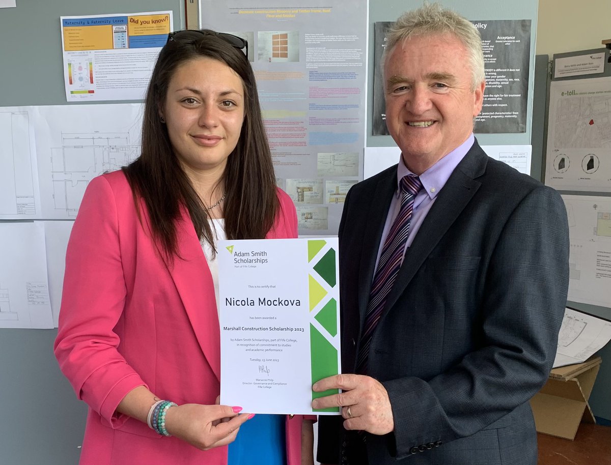 ScholarshipsAS's tweet image. Lovely morning at @fifecollege end of year show celebrating first students to be awarded new @MCLalloa Marshall Construction Scholarship. 
Congratulations to Cody Moffat and Nicola Mockova (pictured)🏆

Thank you Derek Clarke at Marshall for all your support 👏 #transforminglives