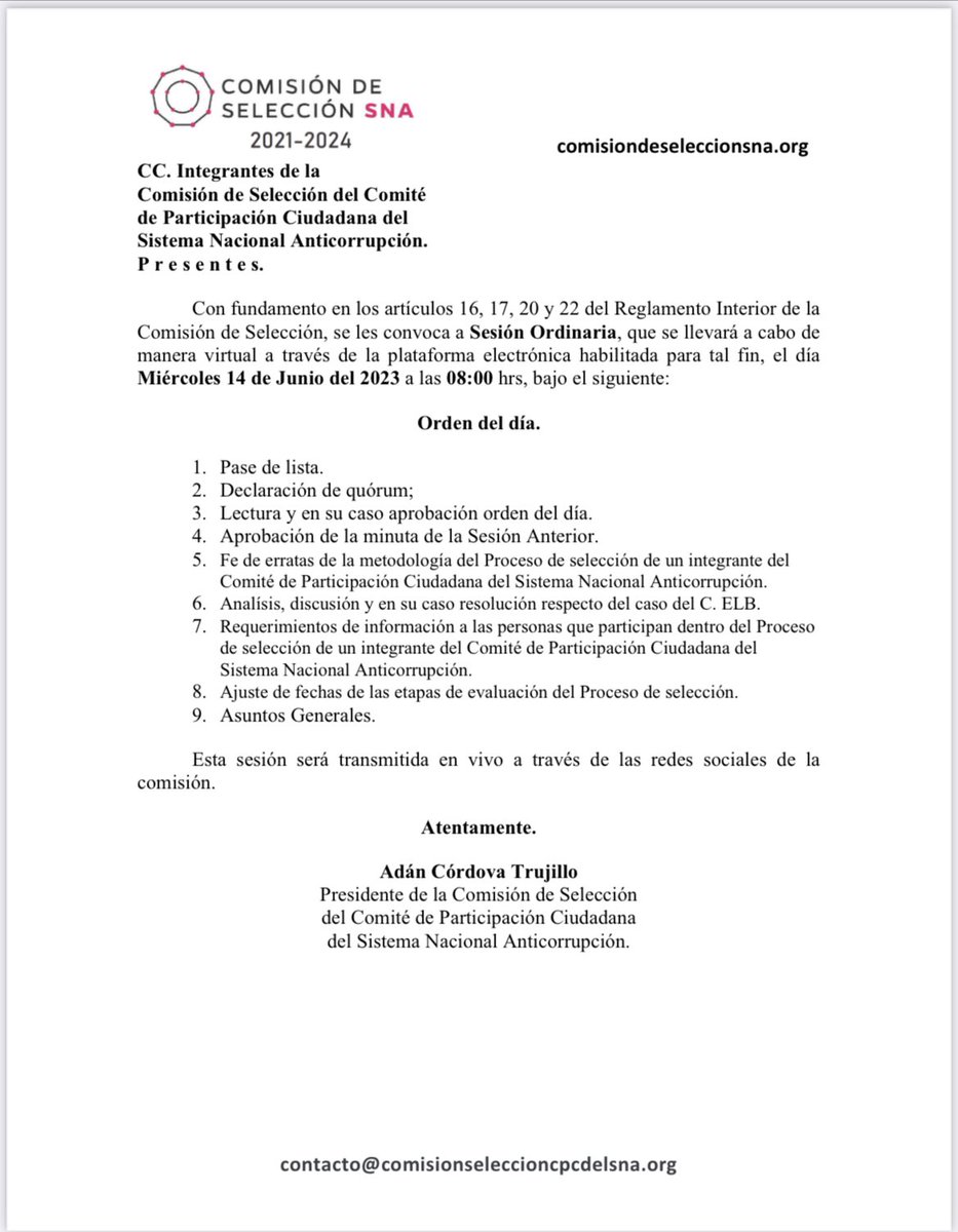 #SesiónOrdinaria de la Comisión de Selección del Sistema Nacional Anticorrupción. 
🗓️miércoles 14/06/23
⏰8 am