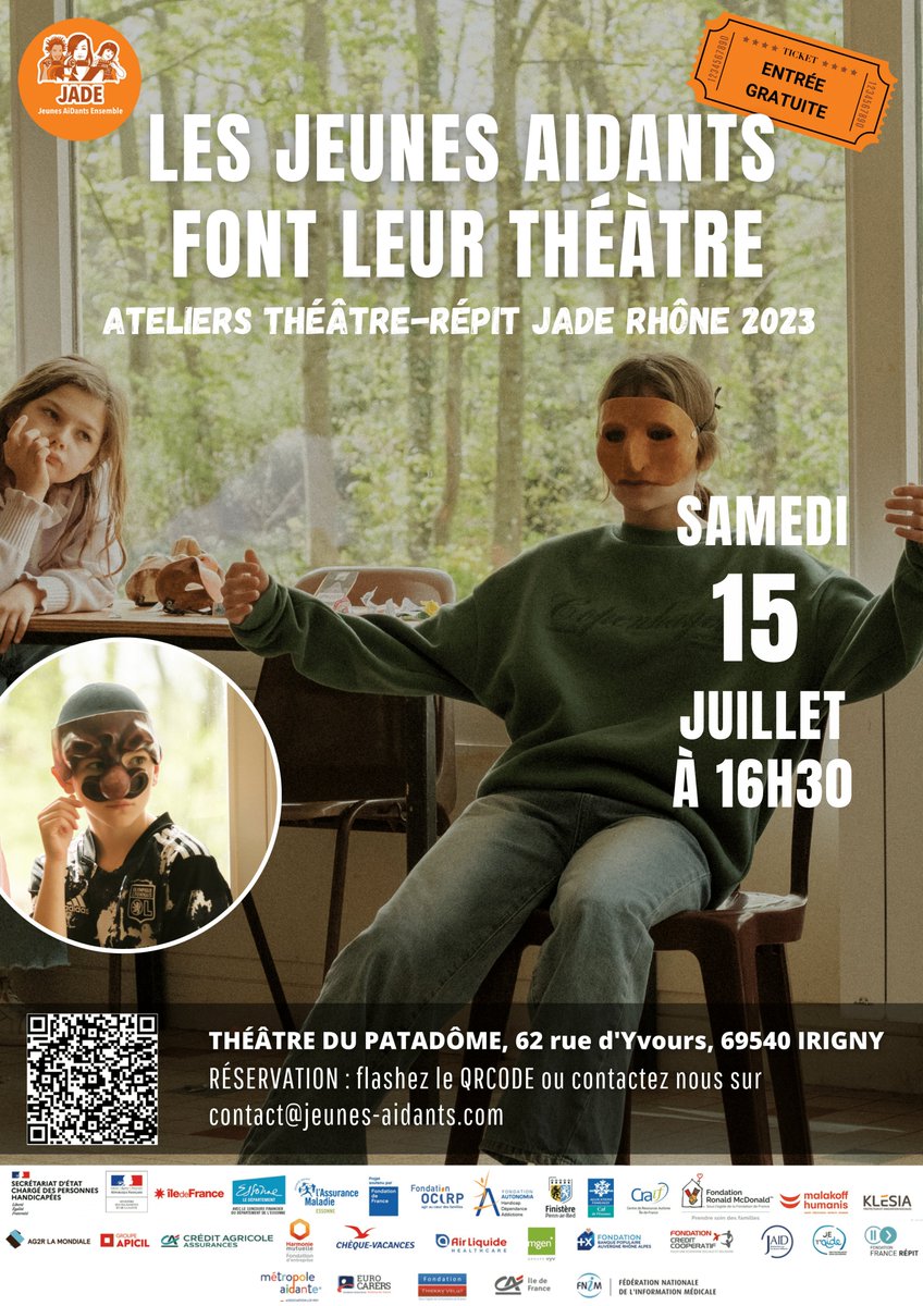 La reprise des ateliers JADE Rhône 🎭 aura lieu le 10 juillet et sera suivie de la représentation théâtrale finale, le samedi 15 juillet au Patadôme (Irigny), clôturant cette session 2023.
👉 Infos &amp; Inscriptions : helloasso.com/associations/j…