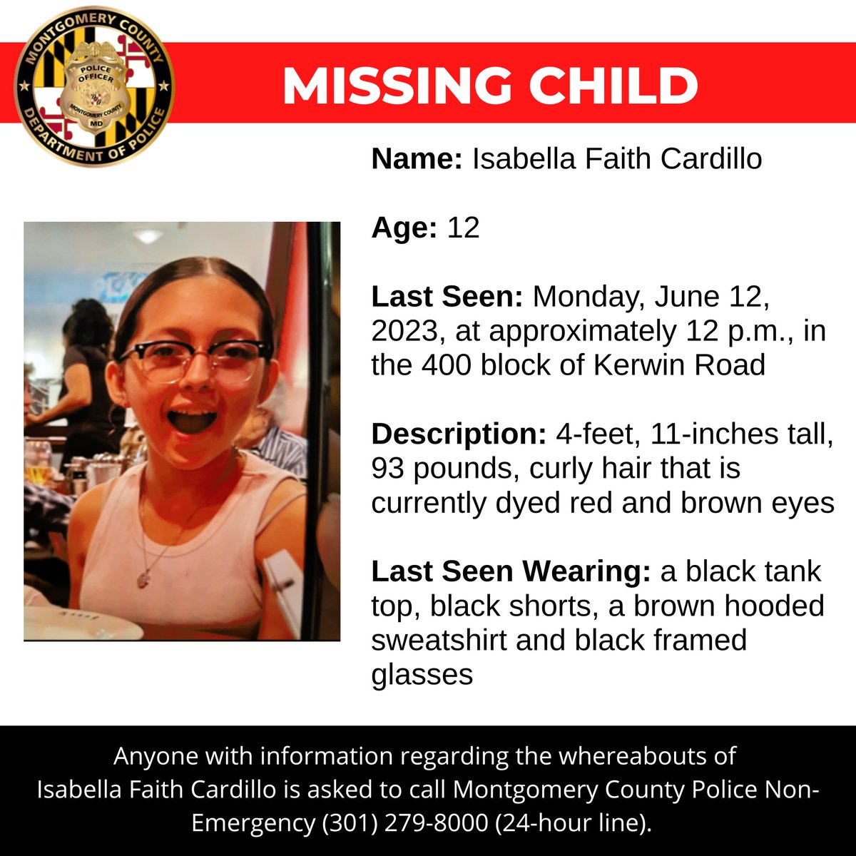 Concern for Missing Twelve-Year-Old from Rockville

www2.montgomerycountymd.gov/mcgportalapps/…

#mcpd #mcpnews #missingperson #missing