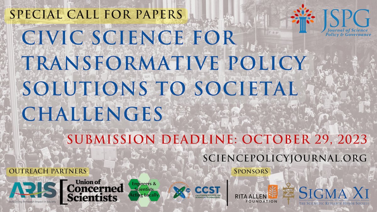 SigmaXiSociety's tweet image. Unique opportunity to get published in @SciPolJournal!
We are proud to join the Rita Allen Foundation in sponsoring this special issue on developing policies for civic science.

Submission deadline: Oct 29, 2023
Call for submissions: bit.ly/JSPGCivicScien…

#SciPol #CivicScience