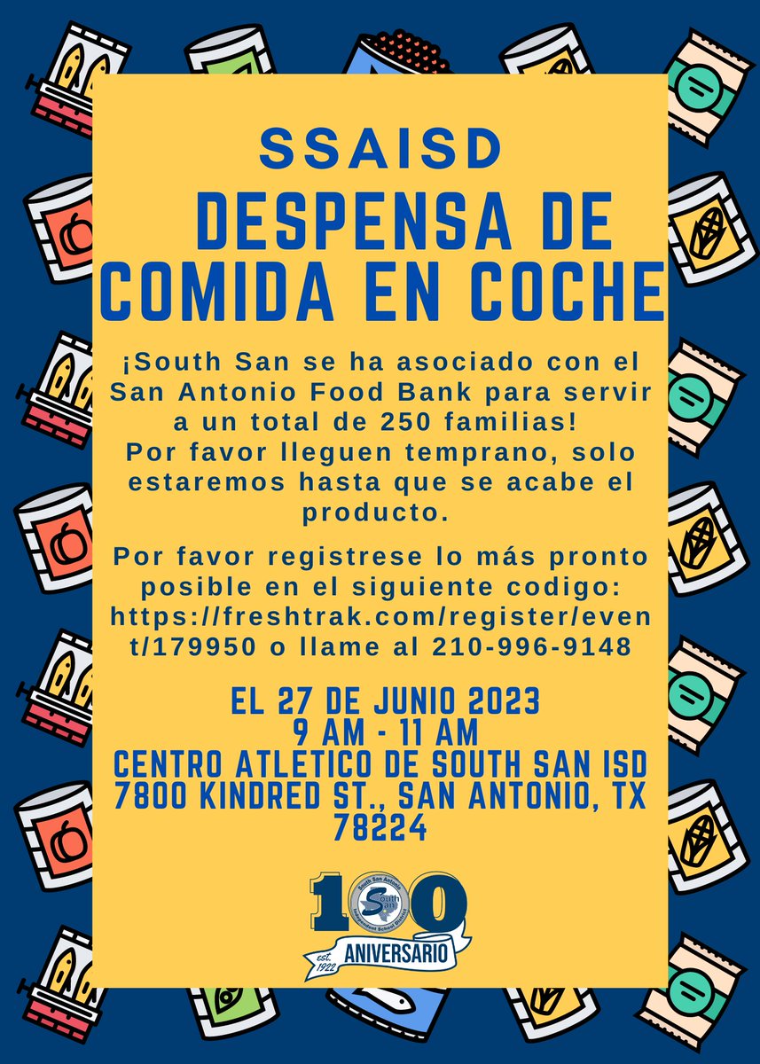 SSAISD has partnered with <a href="/safoodbank/">San Antonio Food Bank</a> to serve 250 families at our next Community Food Drive!

It's happens Jun. 27 from 9am - 11am at the Athletic Center <a href="/SSAISDssahs/">South San HS</a>. If interested, please pre-register by visiting the link or calling the number listed.

freshtrak.com/register/event…