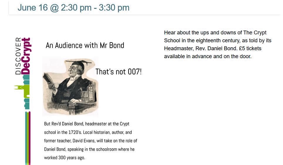ancient_schools's tweet photo. You are welcome this Friday afternoon @discoverdecrypt, when we  will be recreating the schoolroom of @TheCryptSchool from 300 years ago.  Come and meet Mr Daniel Bond, the headmaster of that era, talking about his work, the influences on the school and his hopes for the future. https://t.co/YYMw02C0si