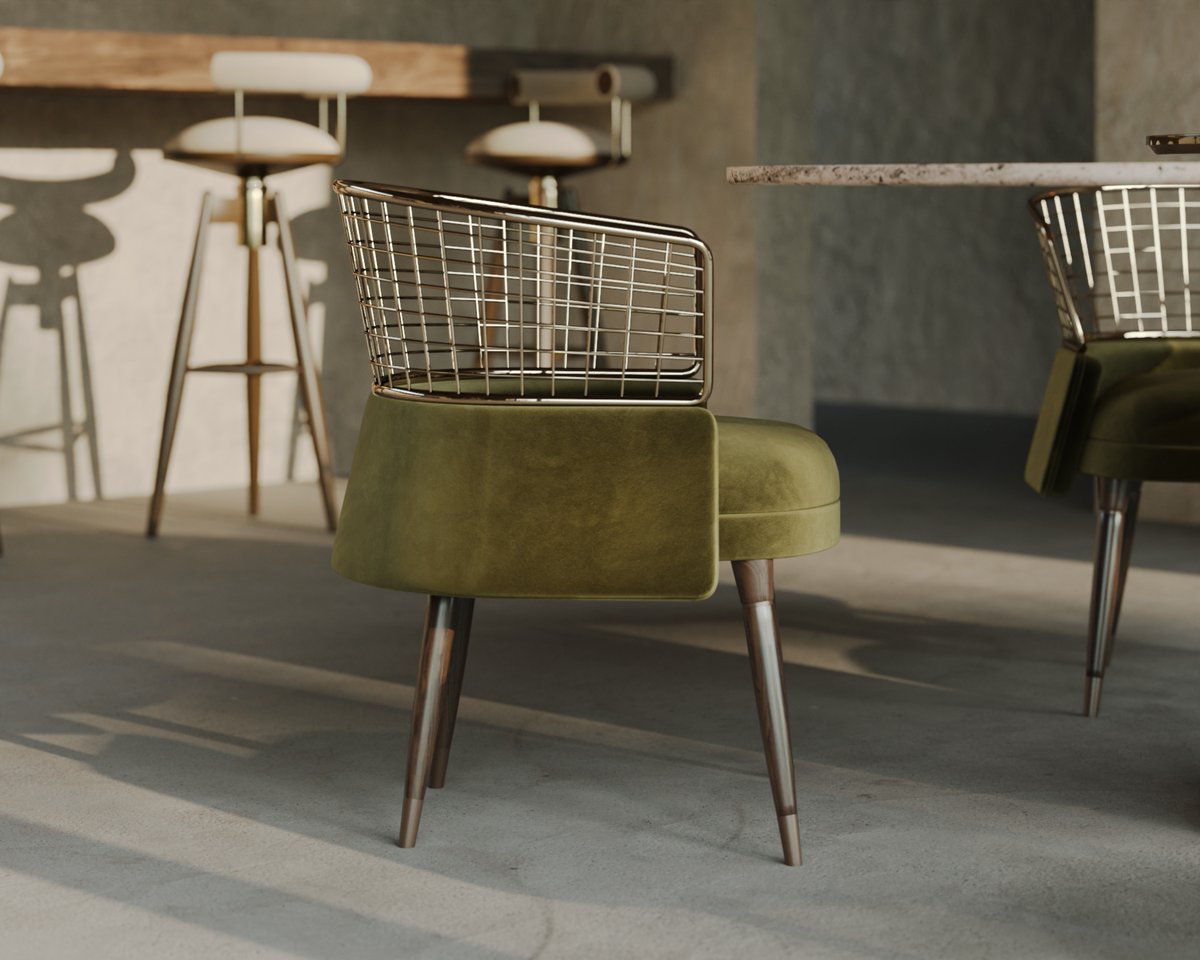 The 𝑭𝒓𝒊𝒅𝒂 𝑫𝒊𝒏𝒊𝒏𝒈 𝑪𝒉𝒂𝒊𝒓 has a generous round seat enveloped by an edgy backrest, which has irregular slopes in a beautiful balance of soft velvet and a brass play move.
#mezzocollection #mezzogeneration
#midcenturyfurniture #midcenturydesign
#midcenturymodern