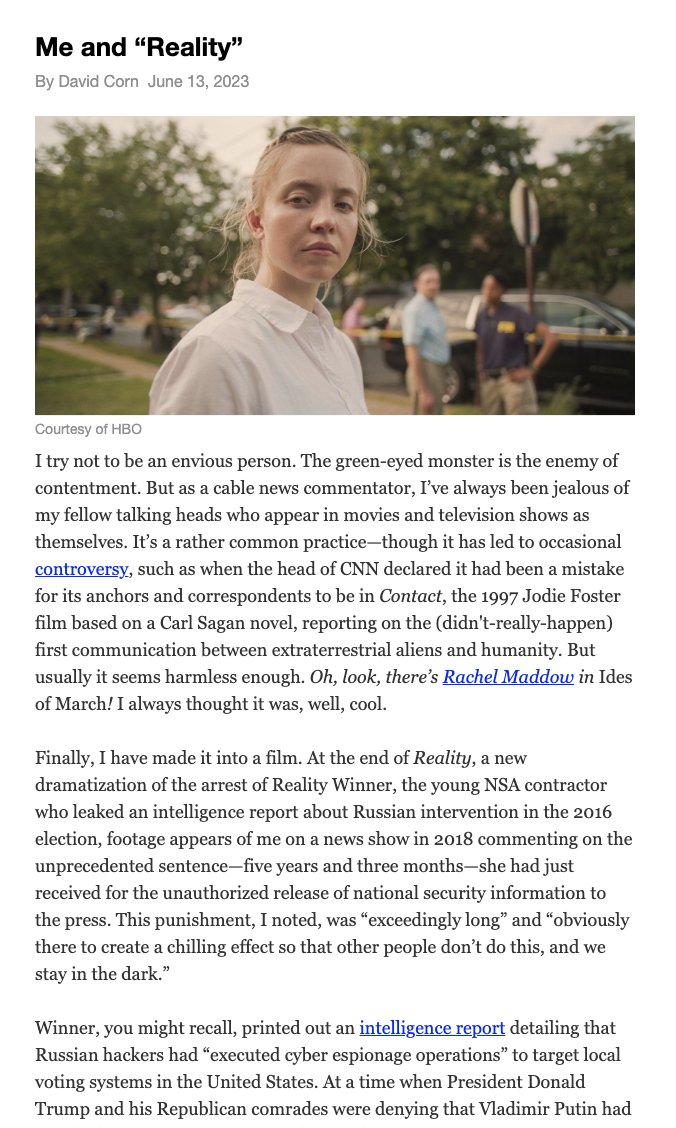 Hey, I'm in a movie—a cameo role at the end of @HBO's 'Reality,' a brilliant and gripping film about #RealityWinner. Read all about it in my #OurLand newsletter.

link.motherjones.com/public/31769102

Like my work?  Sign up for a FREE trial subscription to OUR LAND at davidcorn.com.