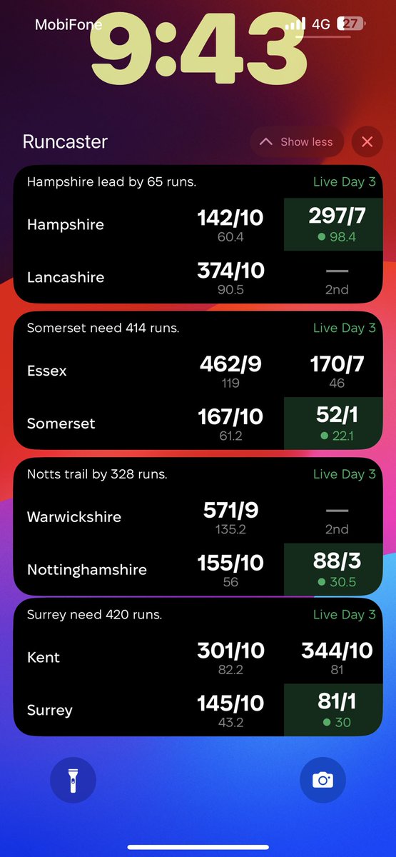 Hello cricket fans, we have built an easier and effortless way to follow your favourite teams & matches of #CountyCricket2023

Just a glance of your Lock Screen is enough to see the score updates, no phone unlock required.

Download for free: apps.apple.com/in/app/runcast…