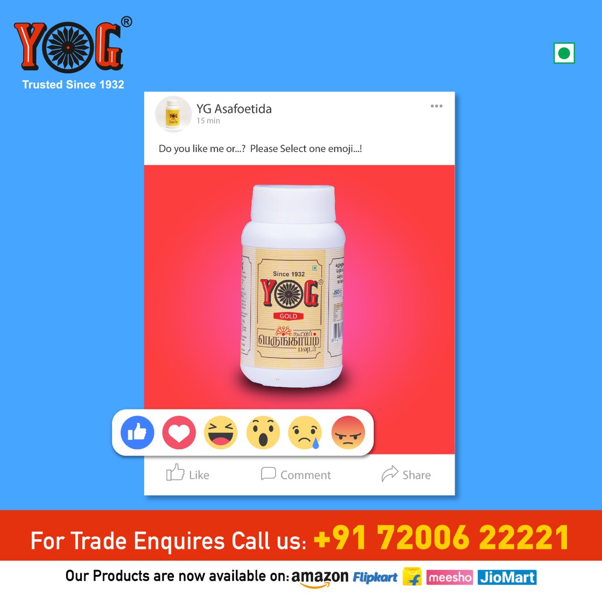 Do you like me or ...? please selected emoj..!

T&C Apply*

Also available on
amazon/flipkart/Meesho/jiomart

YG Asafoetida

#food #foodie #foodlover #foodstagram #foodislife #foodislife #foodismedicine #hotrecipes